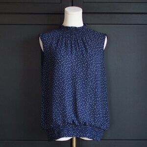 Laura | Sleeveless Micro-dot Blouse w Smocked Neck and Hem